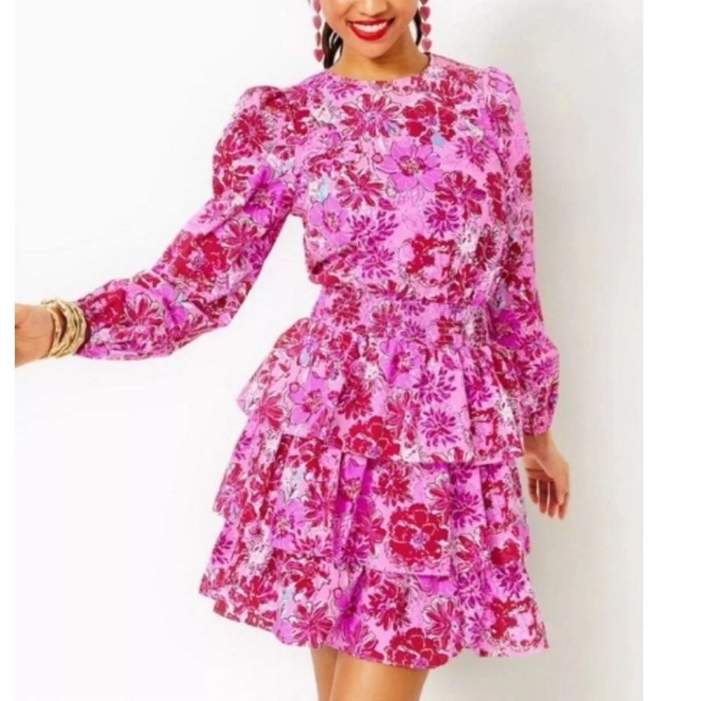 Lilly Pulitzer Khloey Floral Long Sleeve Tiered Ruffle Cotton Dress Smock Pink 4